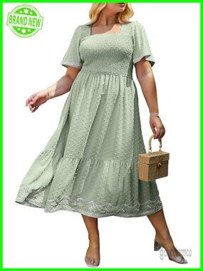 Plus Size Smocked Square Neck Midi Dress Short Sleeve A-Line Flowy